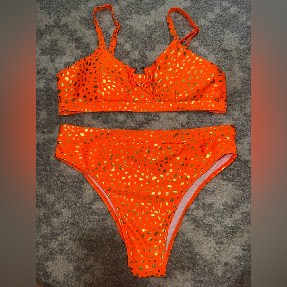 Orange and Gold Bikini High Waisted Set Sexy Peek-a-Boo Hole Size L